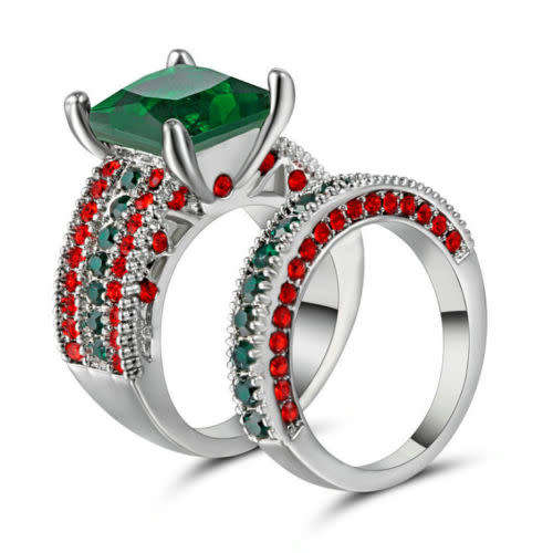 Stunning White Gold Filled 2 Piece Green Crystal Ring Set - Size 6 1/4