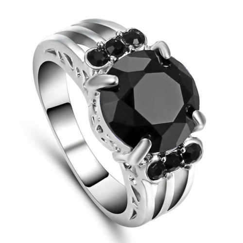 Stunning White Gold Filled Black Crystal Ring  - Size 7