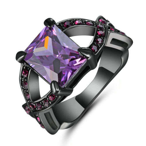 Elegant Black Gold Filled Purple Crystal Ring - Size 6 1/2