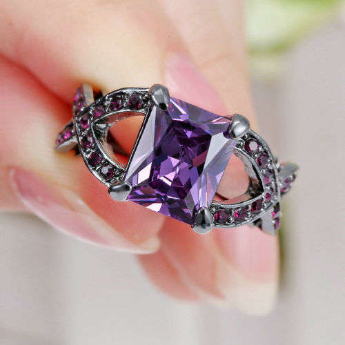 Elegant Black Gold Filled Purple Crystal Ring - Size 6 1/2