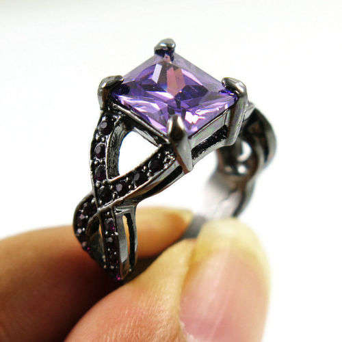 Elegant Black Gold Filled Purple Crystal Ring - Size 6 1/2