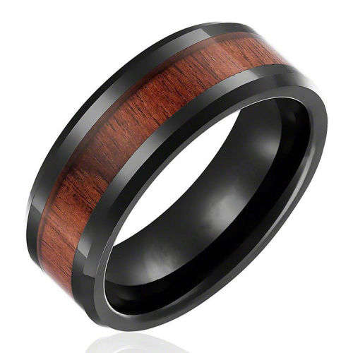 Elegant Men's Wood Inlay Ring - Size 14