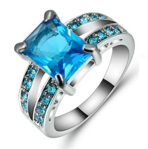 White Gold Filled Blue Crystal Fashion Ring - Size 7