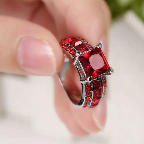 White Gold Filled Red Crystal Fashion Ring - Size 7