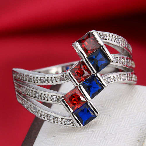 Stunning Red & Blue Crystal Fashion Ring - Size 6