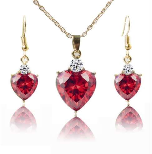 Gorgeous Red Crystal Heart Jewellery Set (Silver Colored Chain & Earrings)
