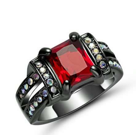 Black Gold Filled Square Cut Red Ruby Crystal Ring- Size 6 1/2