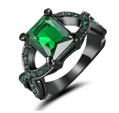 Beautiful Black Gold Filled Green Crystal Ring - Size 8