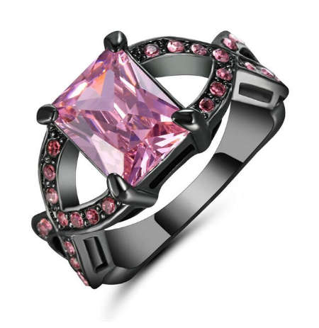 Beautiful Black Gold Filled Pink Crystal Ring - Size 8