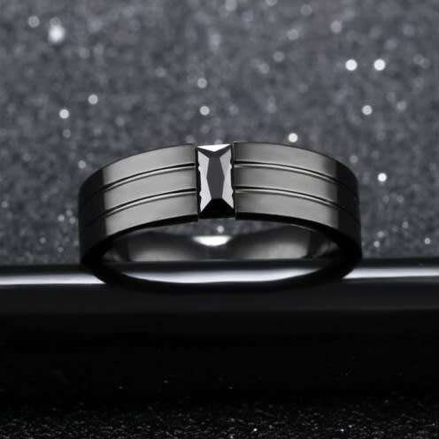 Black Stainless Steel Crystal Ring - Size 6