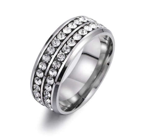 Elegant Crystal Stainless Steel Fashion Ring - Size 8
