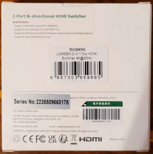 UGreen 2-Port Bi Directional HDMI Switcher