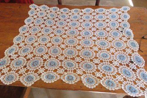 Crochet tablecloth - white and blue - 90cm square
