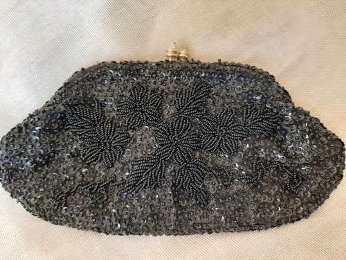 Evening purse, small clutch bag - back beads and sequins - handbeaded in Hong Kong