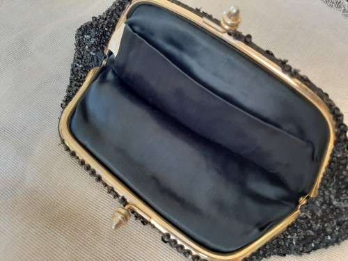 Evening purse, small clutch bag - back beads and sequins - handbeaded in Hong Kong