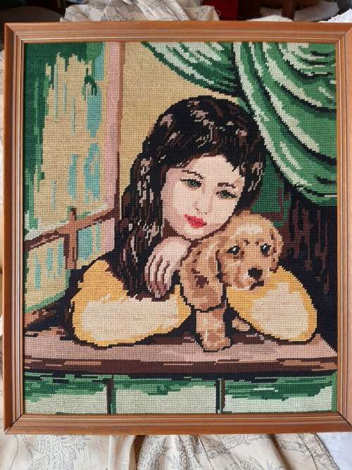 Large Tapestry of Girl and her dog 39 x 46cm (excl. frame)
