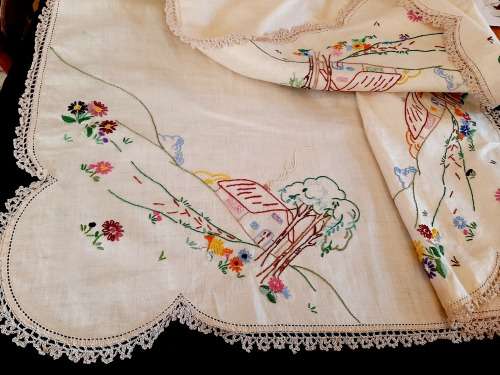 Cream linen hand-embroidered tablecloth -  small - square- crochet edge - 88 x 88cm