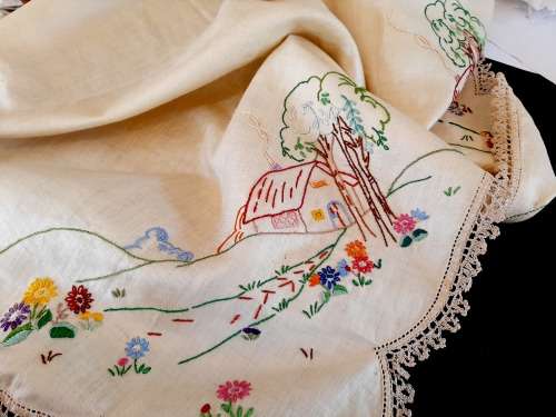 Cream linen hand-embroidered tablecloth -  small - square- crochet edge - 88 x 88cm