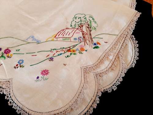Cream linen hand-embroidered tablecloth -  small - square- crochet edge - 88 x 88cm