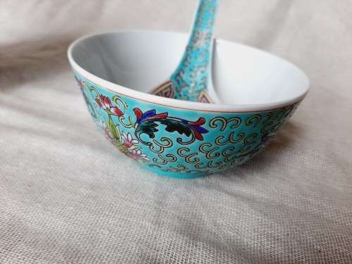 Turquoise soup bowl and spoon - Chinese