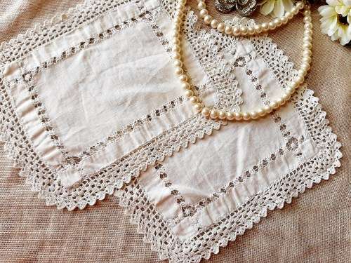 Two small linen doilie mats with hand crocheted lace edge - 15 x 20cm