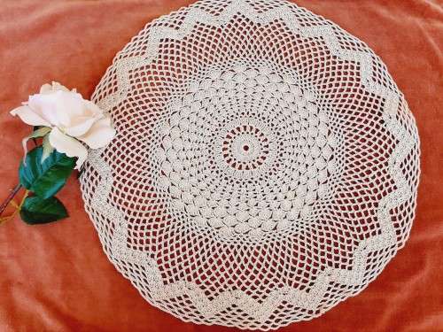 Ecru-colour crochet doily/doilie -  37 cm