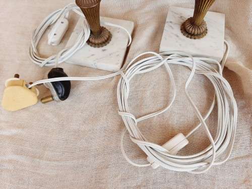 2 chrome and marble lamps with vintage shades - made in Italy