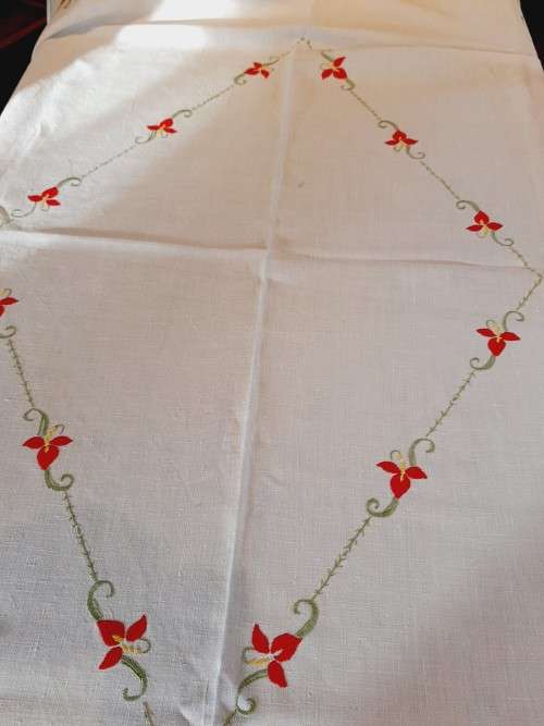 Vintage, embroidered tablecloth- white linen-  160 x 126 cm