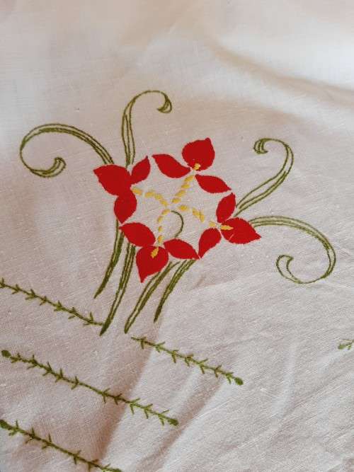 Vintage, embroidered tablecloth- white linen-  160 x 126 cm