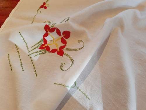 Vintage, embroidered tablecloth- white linen-  160 x 126 cm