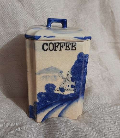 Blue and white cannister - coffee - 17cm high x 11cm x 11cm