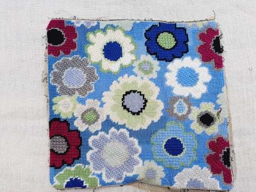 Piece of completed tapestry - blue flowers - 28 x 30cm