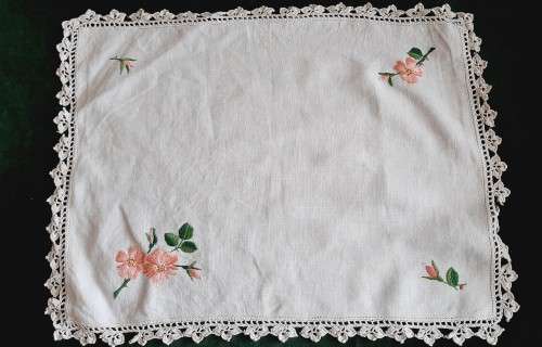 White linen tray cloth -  with flower embroidery 45 x 32 cm