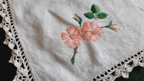 White linen tray cloth -  with flower embroidery 45 x 32 cm