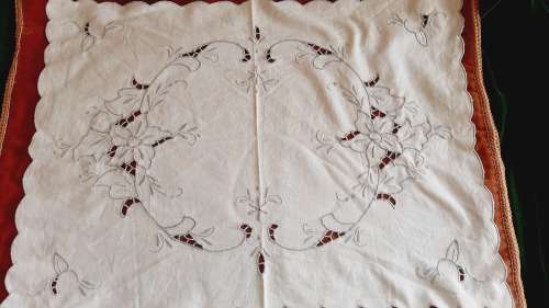 Linen embroidered tray cloth with grey embroidery -  52 x 38 cm