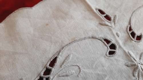 Linen embroidered tray cloth with grey embroidery -  52 x 38 cm