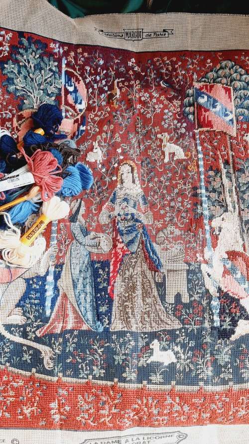 Large tapestry canvas and some yarns - it is half complete - 50 x 74cm