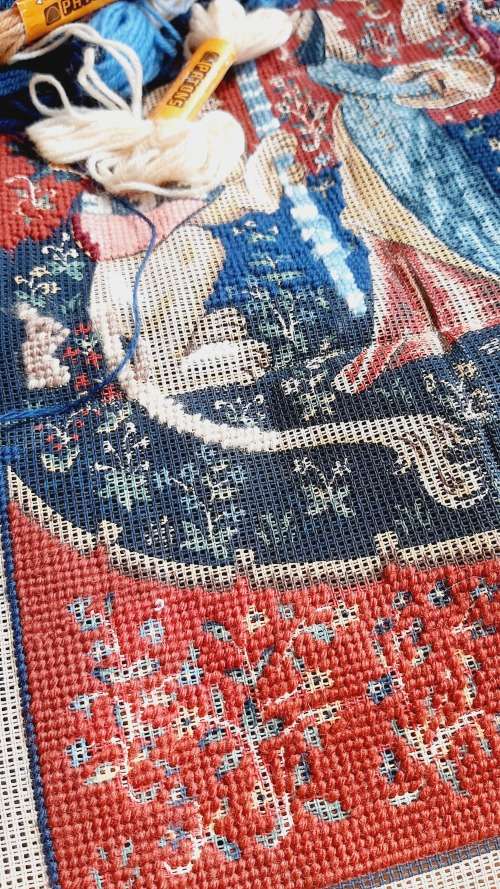 Large tapestry canvas and some yarns - it is half complete - 50 x 74cm