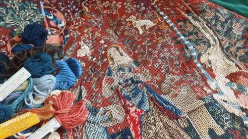 Large tapestry canvas and some yarns - it is half complete - 50 x 74cm