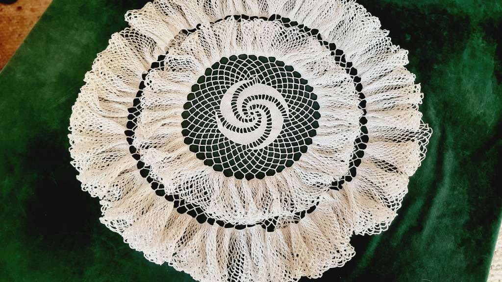 Large, frothy, layered crochet doilie, white 56cm