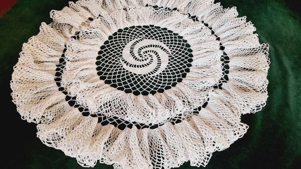 Large, frothy, layered crochet doilie, white 56cm