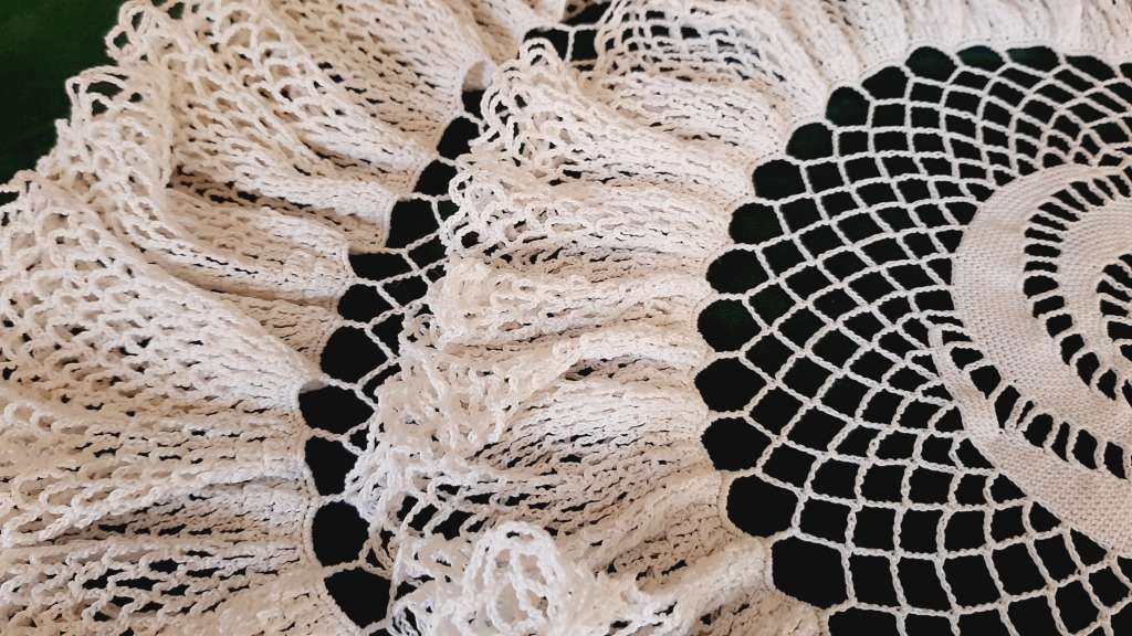 Large, frothy, layered crochet doilie, white 56cm