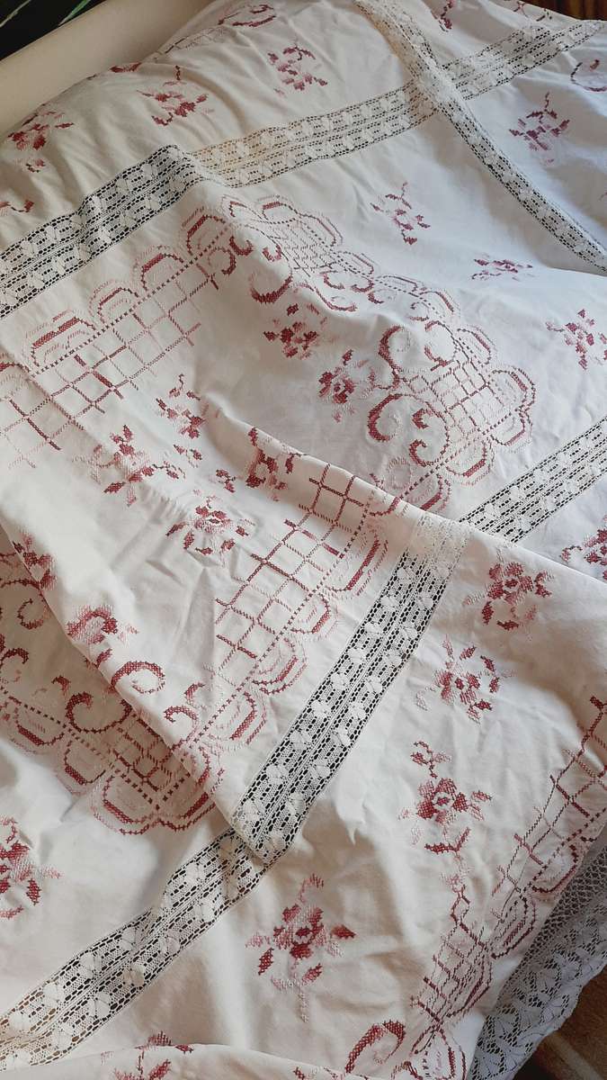 Large, pale pink hand embroidered tablecloth, white lace inserts (276 x 160cm)