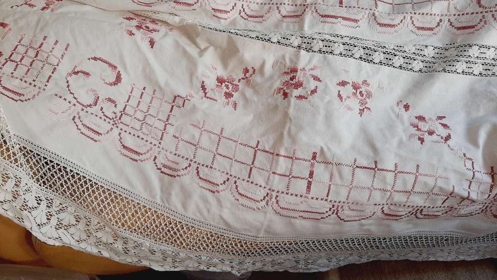 Large, pale pink hand embroidered tablecloth, white lace inserts (276 x 160cm)