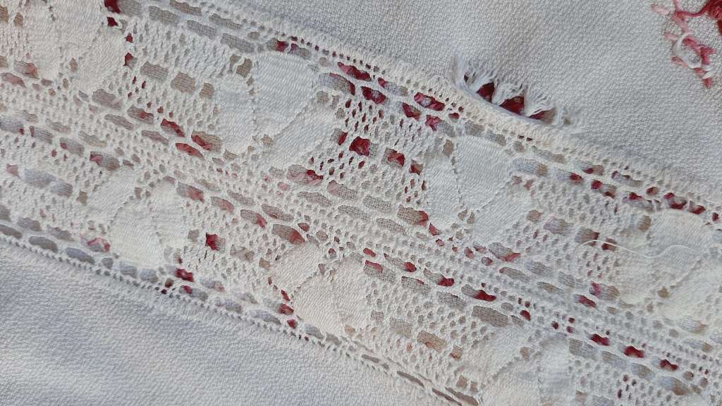 Large, pale pink hand embroidered tablecloth, white lace inserts (276 x 160cm)