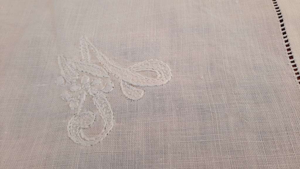 White linen tablecloth with filet crochet edging- square - 95 x 95cm