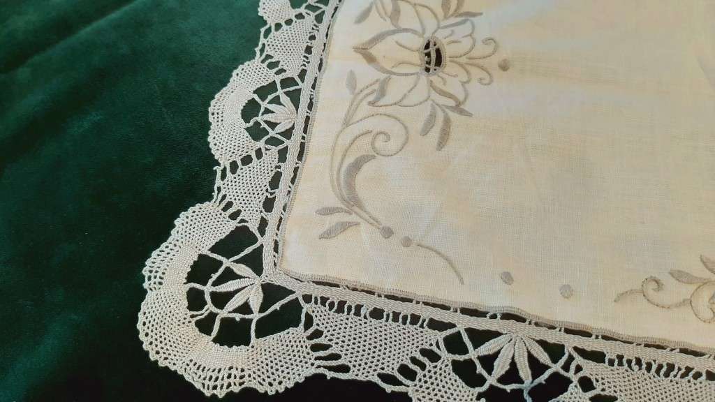 Linen embroidered tray cloth - beige with grey lace edge -  48 x 32 cm