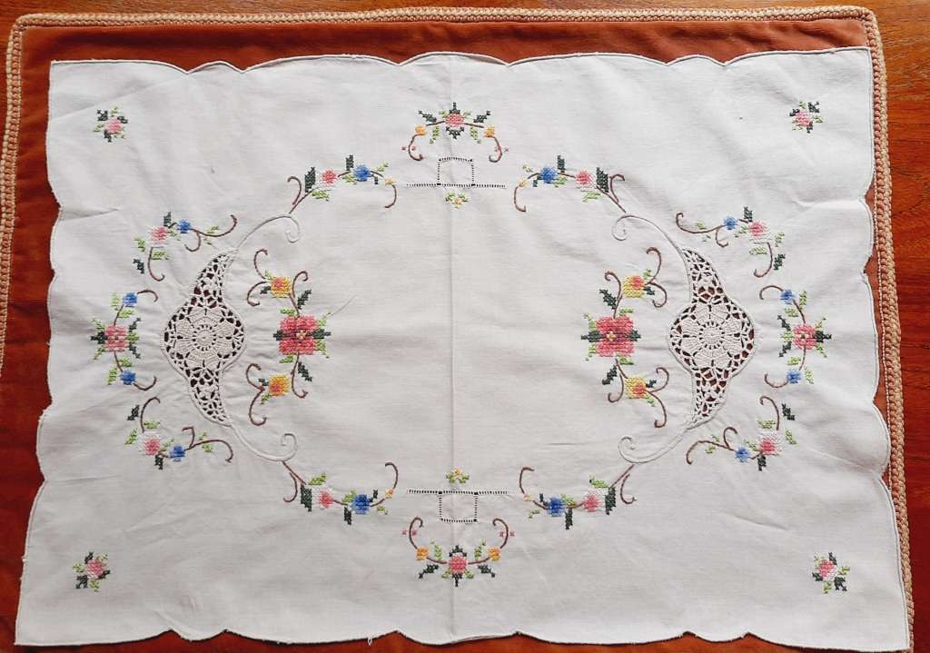 Large,  cotton cross stitch tray cloth - 56 x 36 cm