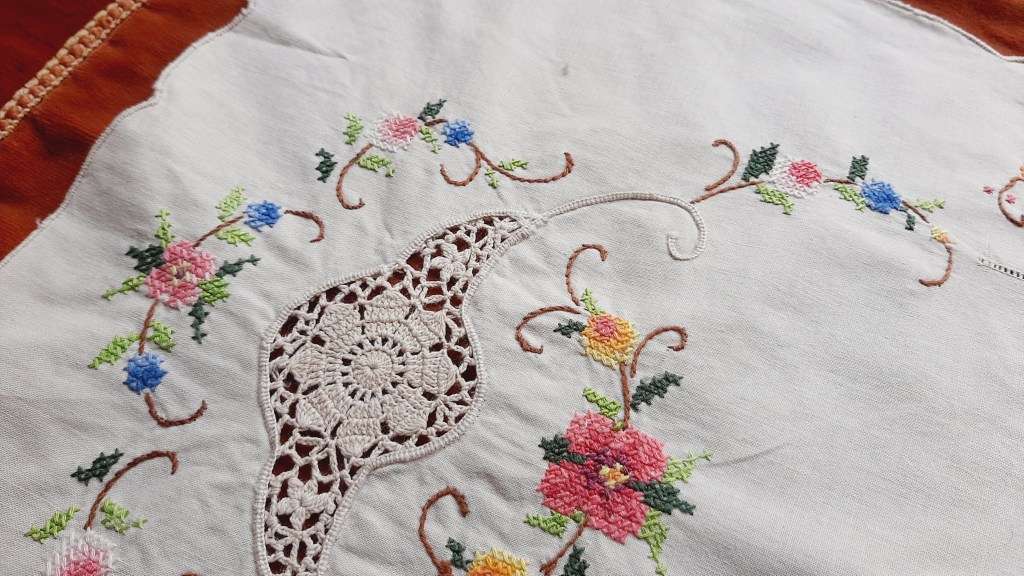 Large,  cotton cross stitch tray cloth - 56 x 36 cm