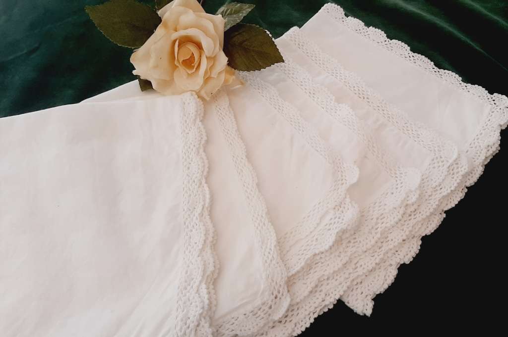 6 white cotton napkins with crocheted edge - cotton -  40 x 40 cm